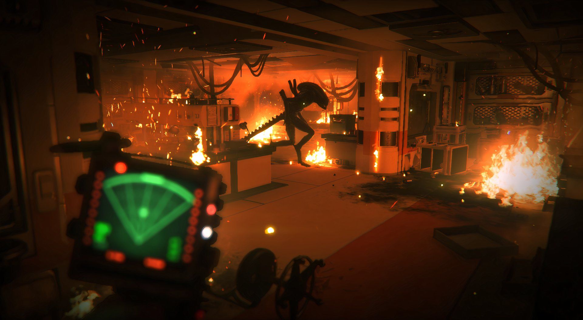 An alien walking through a burning laboratory